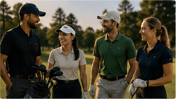 Four golfers chatting together beside their bags on the course