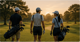 Three friends carrying their bags down the fairway at golden hour