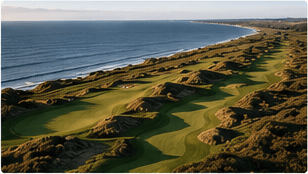 Aerial view of a coastal links course winding along the shoreline