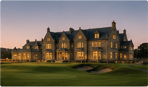 Stone clubhouse glowing with warm light in the evening