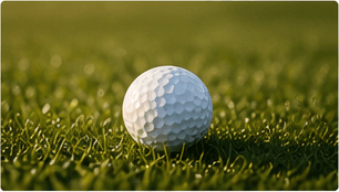 Close-up of a golf ball sitting in dew-covered grass