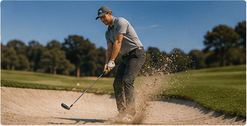 Golfer splashing sand while playing out of a bunker