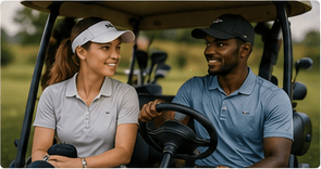 Two golfers smiling together in a golf cart