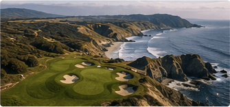 Dramatic golf hole perched on coastal cliffs above the sea