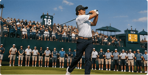 Golfer driving off the tee in front of a tournament crowd