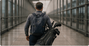 Golfer carrying a travel bag through an airport walkway