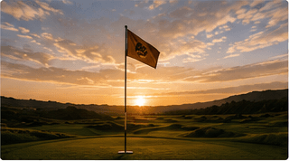 Pin flag silhouetted against a golden sunset sky