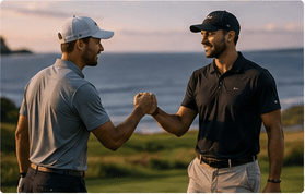 Two golfers sharing a fist bump on the course by the sea