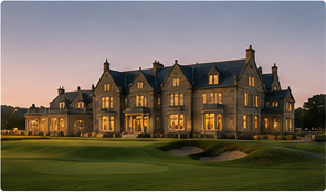 Stone clubhouse glowing with warm light in the evening