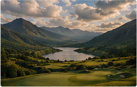 Golf course set in a green mountain valley beside a lake