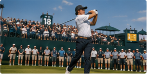 Golfer driving off the tee in front of a tournament crowd